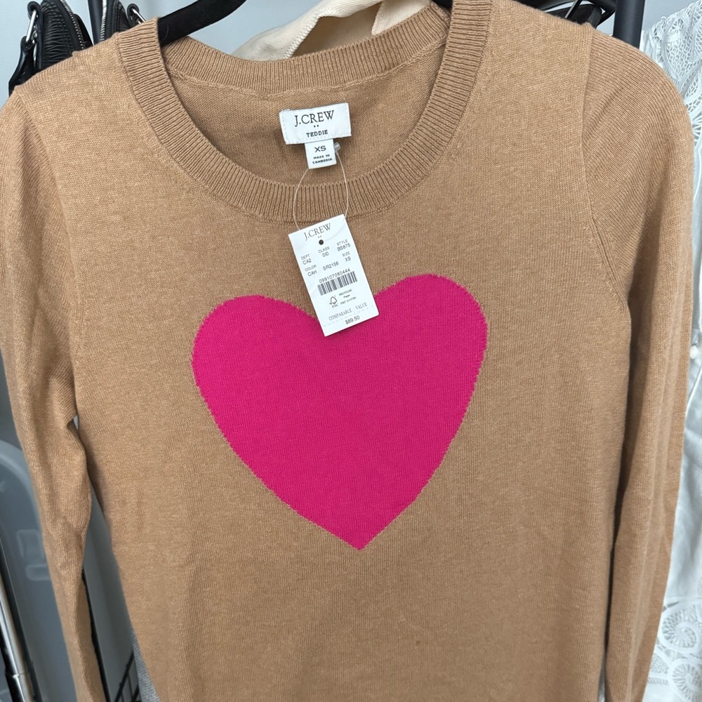 J.Crew Heart Teddie Sweater – Camel & Hot Pink (XS) NWT